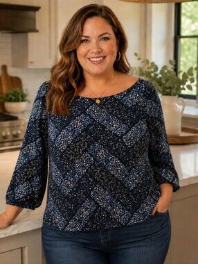 J. Jill Wearever Collection Size 2X Micro Floral 3/4 Sleeve Lightweight Top